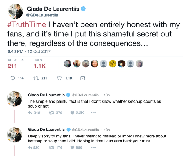 Illustration for article titled Emotional Confession: Giada De Laurentiis Wrote A Heartbreaking Twitter Rant To Admit That She Wasn’t Sure Whether Ketchup Counts As Soup